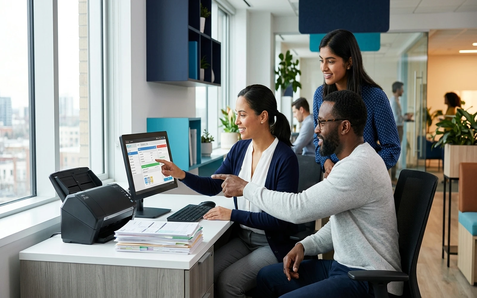 Team configuring document sections on the touchscreen