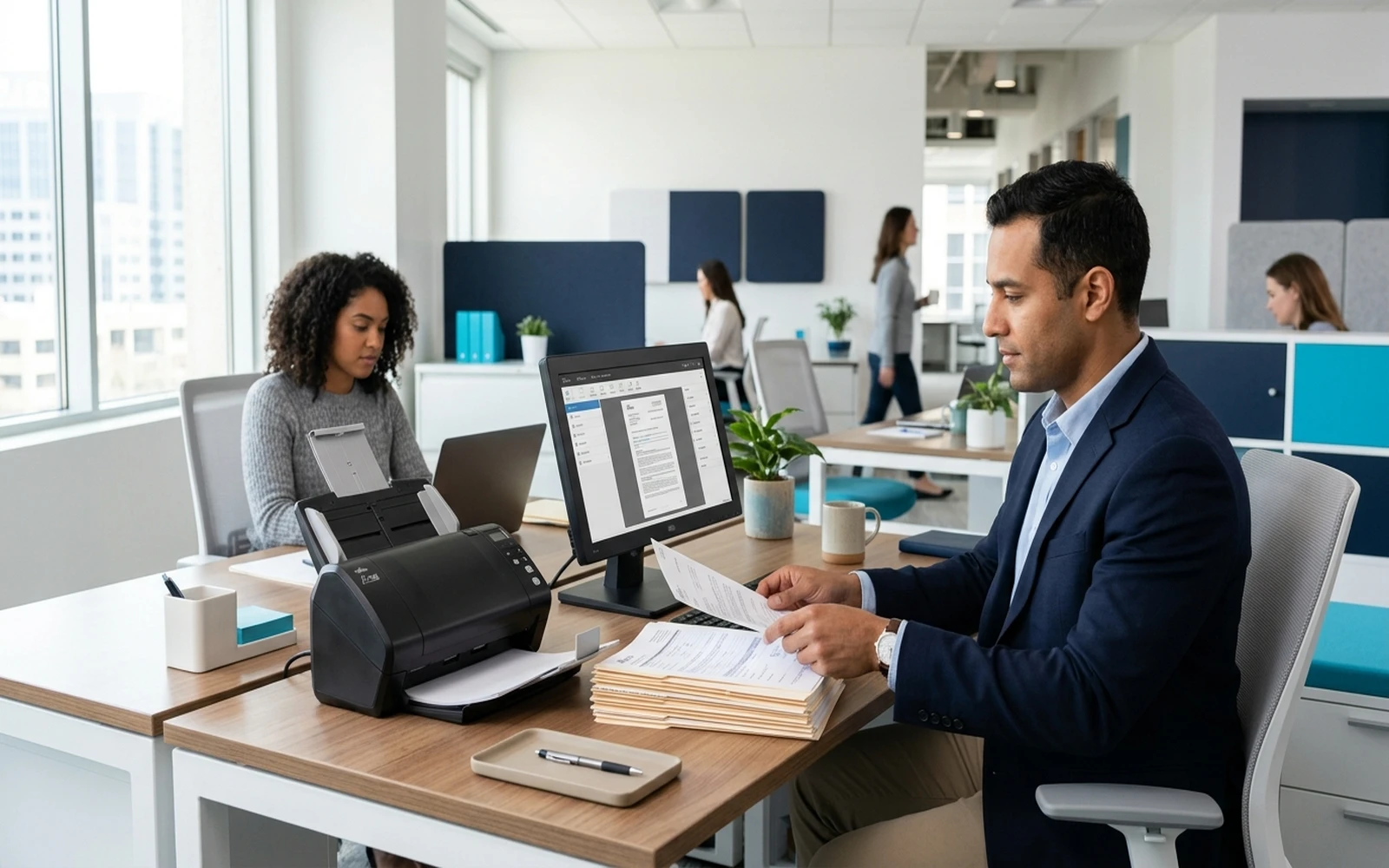 Loan officer scanning a client file