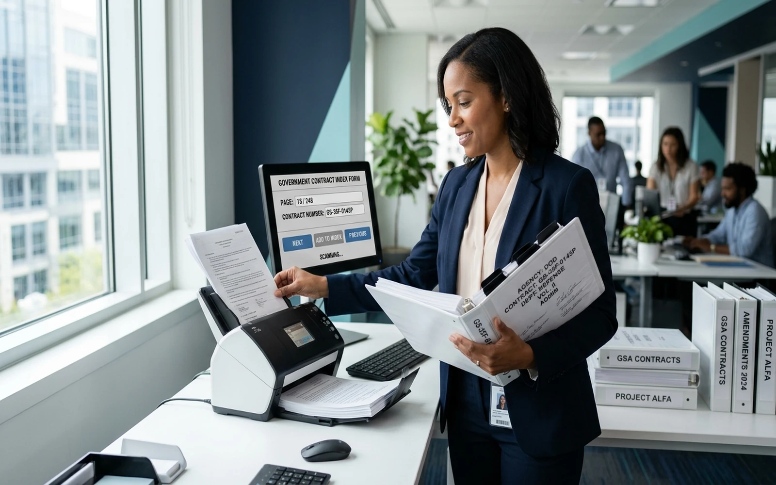 Contracts administrator scanning contract binders