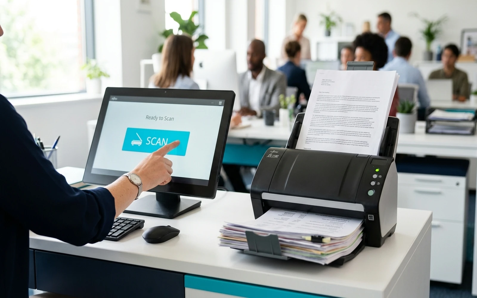 Hand pressing the Scan button on the Scanning Assistant touchscreen next to the Fujitsu scanner