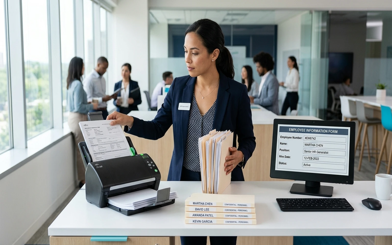 HR specialist scanning employee files